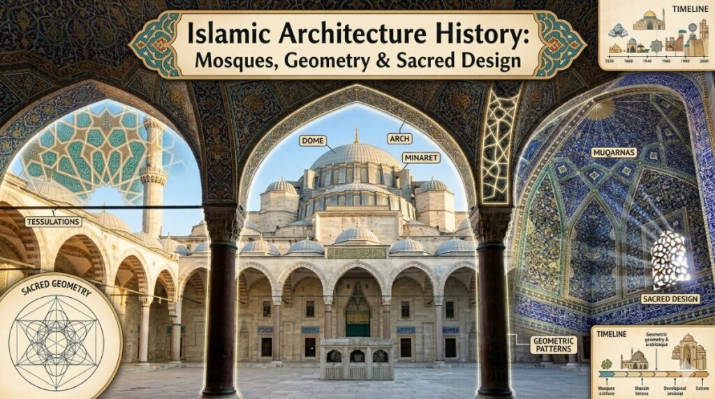 Islamic architecture history — ornate mosque facade with geometric tilework